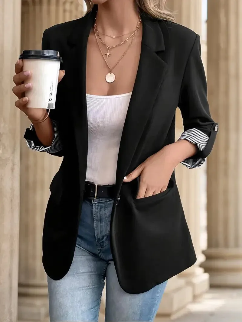2025 Women's Slim Fit Casual Button Blazer European Style Roll Up 7-Pt Sleeve Trendy Suit Jacket