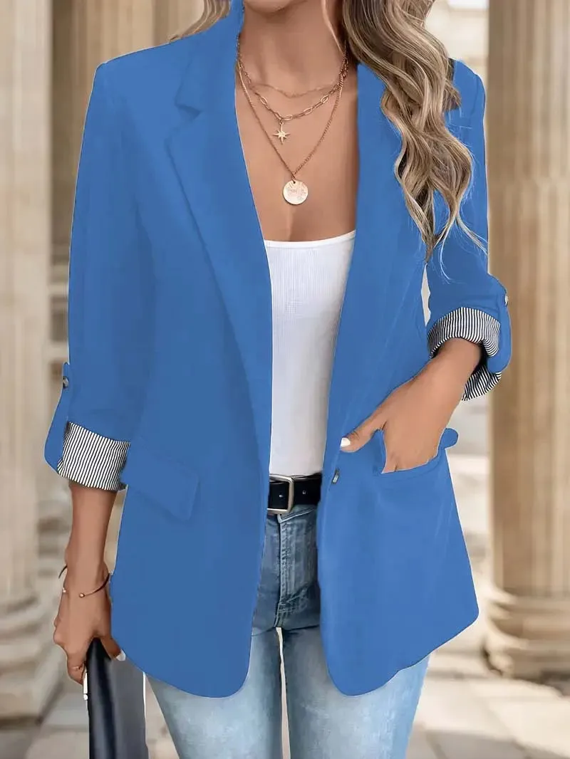 2025 Women's Slim Fit Casual Button Blazer European Style Roll Up 7-Pt Sleeve Trendy Suit Jacket