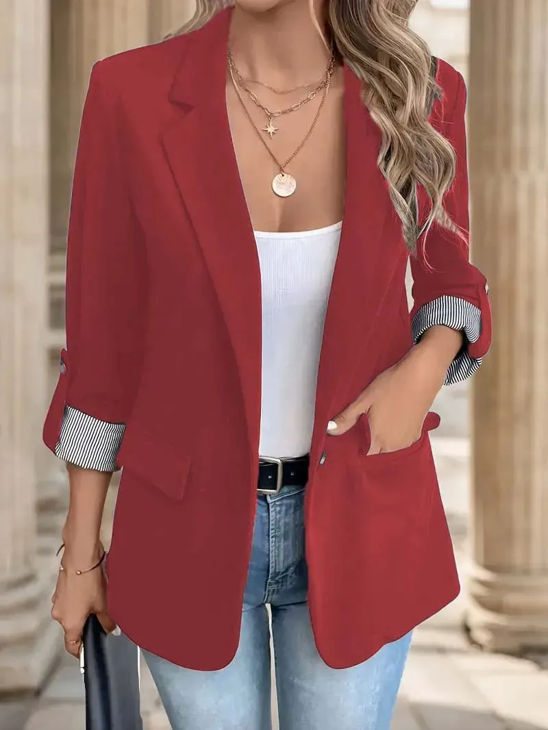 2025 Women's Slim Fit Casual Button Blazer European Style Roll Up 7-Pt Sleeve Trendy Suit Jacket