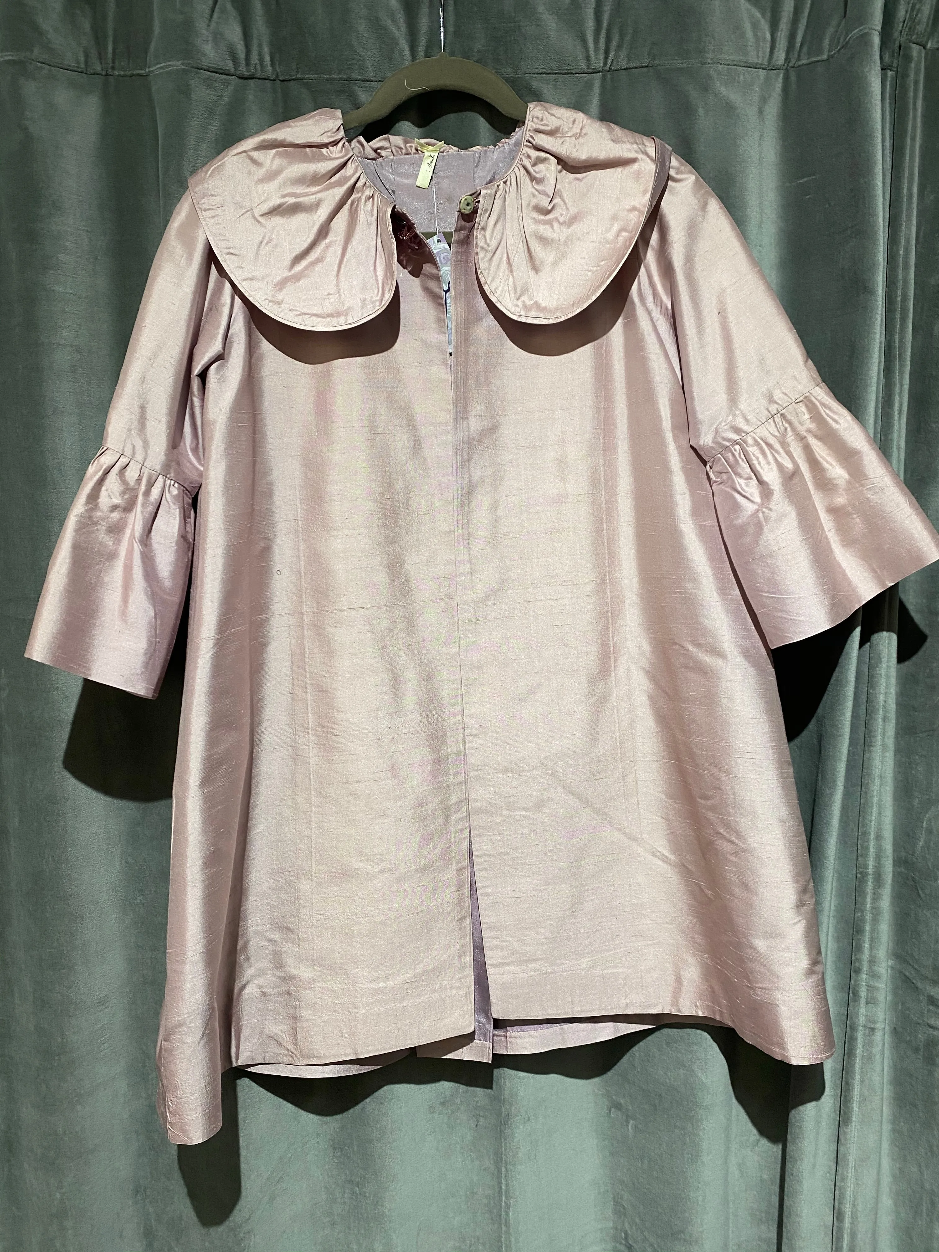 Aienla La Pink Raw Silk 3/4 Ruffle Sleeve Single Snap Coat