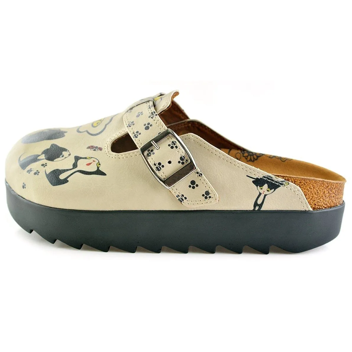 Beige Colored, Playful Kitty and Yellow and White Flowered Patterned Clogs - CAL703