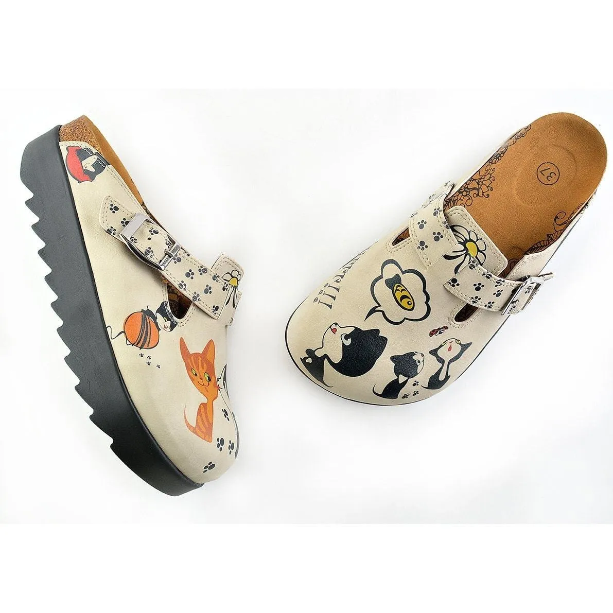 Beige Colored, Playful Kitty and Yellow and White Flowered Patterned Clogs - CAL703