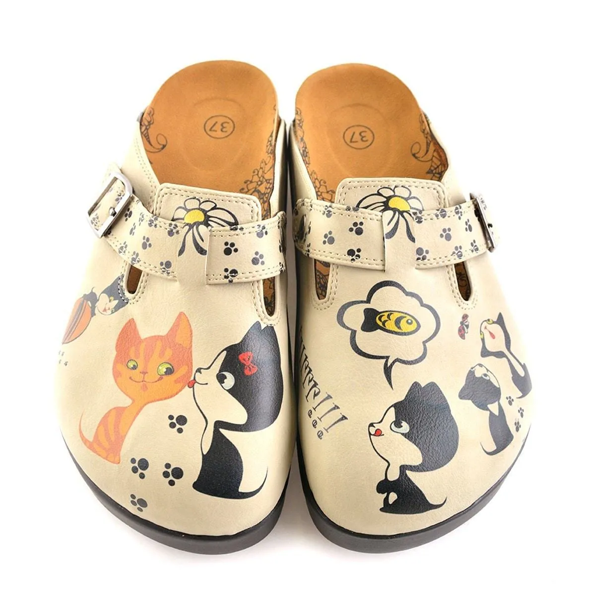 Beige Colored, Playful Kitty and Yellow and White Flowered Patterned Clogs - CAL703