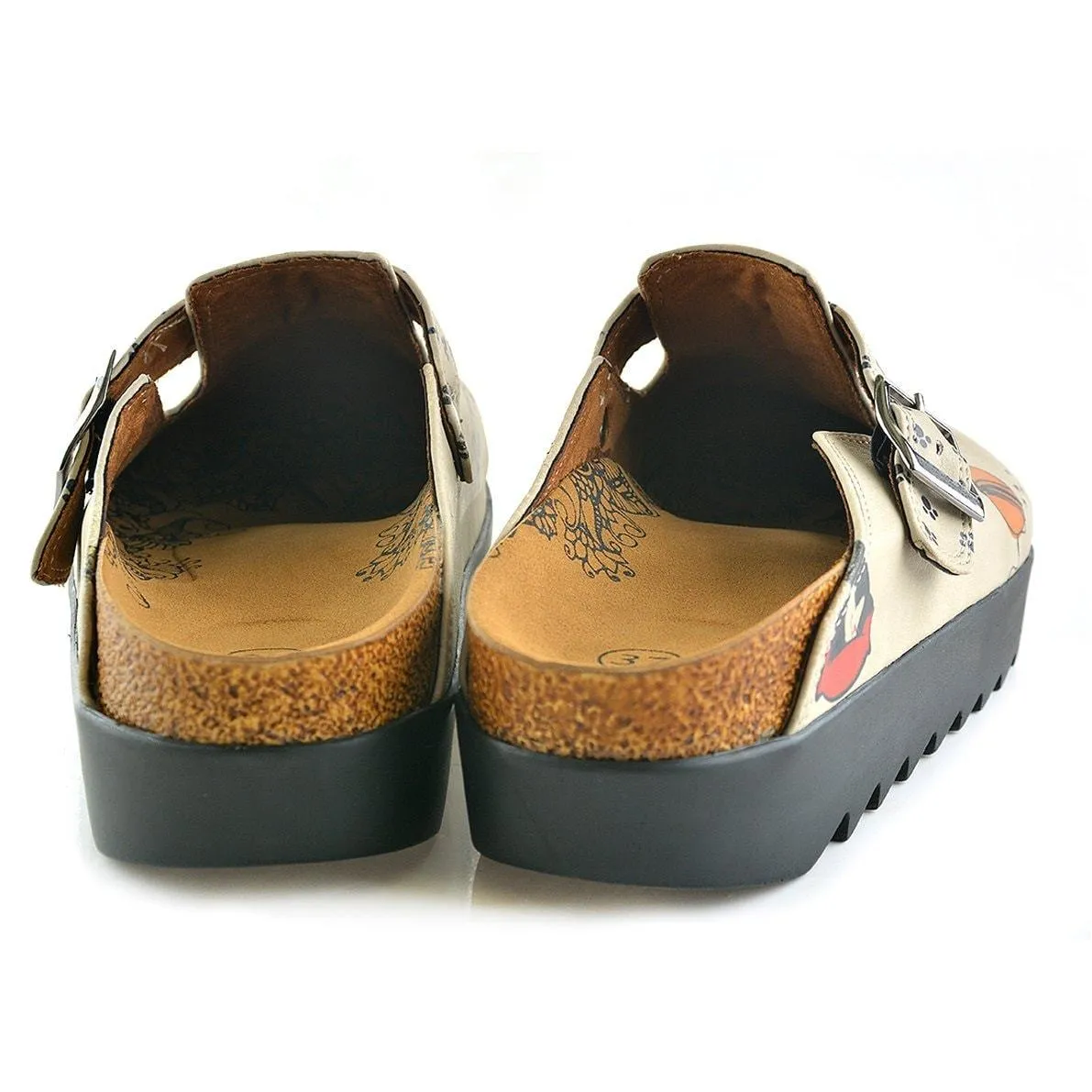 Beige Colored, Playful Kitty and Yellow and White Flowered Patterned Clogs - CAL703