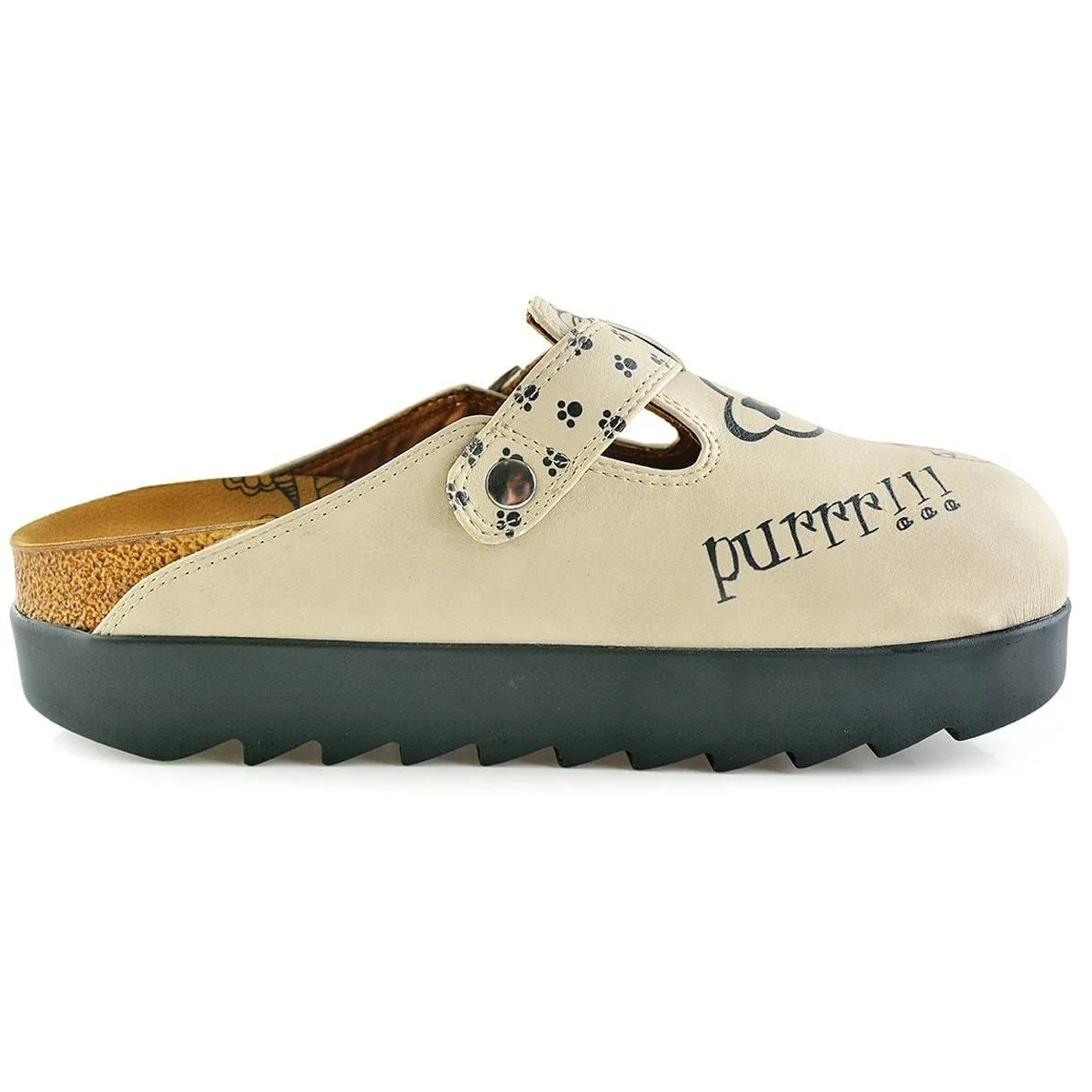 Beige Colored, Playful Kitty and Yellow and White Flowered Patterned Clogs - CAL703