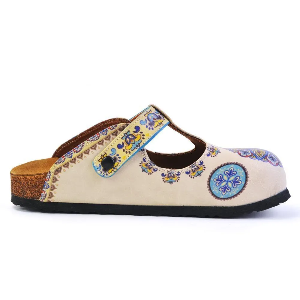 Beige, Light Blue, Yellow Patterned Colored Mosaic Flowers Patterned Clogs - CAL1503