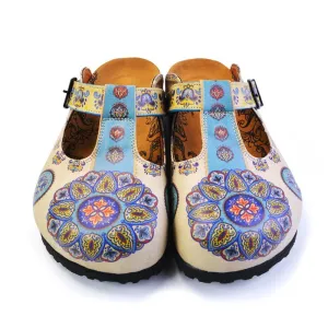 Beige, Light Blue, Yellow Patterned Colored Mosaic Flowers Patterned Clogs - CAL1503