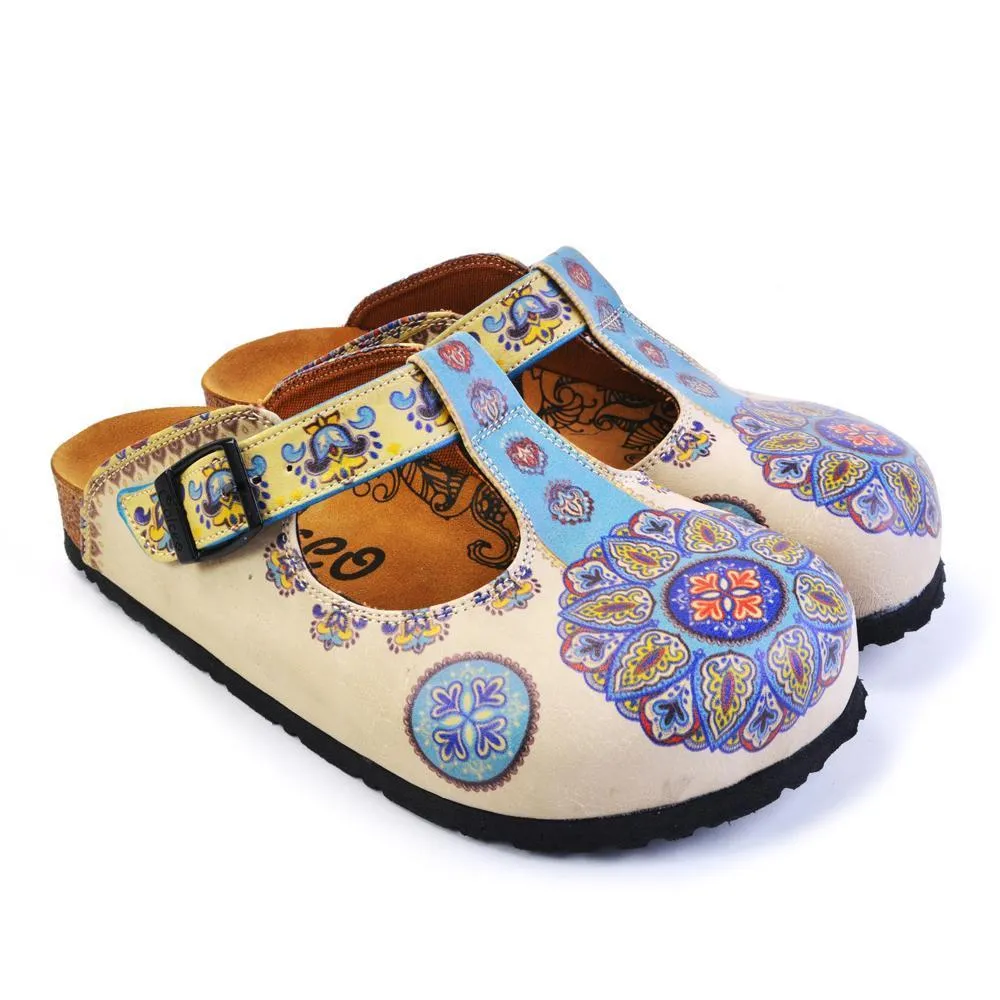 Beige, Light Blue, Yellow Patterned Colored Mosaic Flowers Patterned Clogs - CAL1503