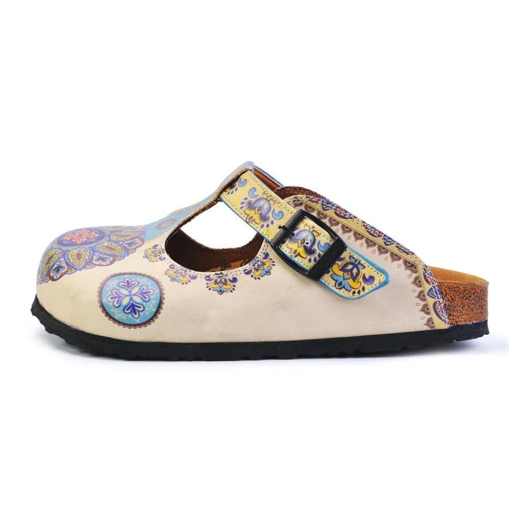 Beige, Light Blue, Yellow Patterned Colored Mosaic Flowers Patterned Clogs - CAL1503