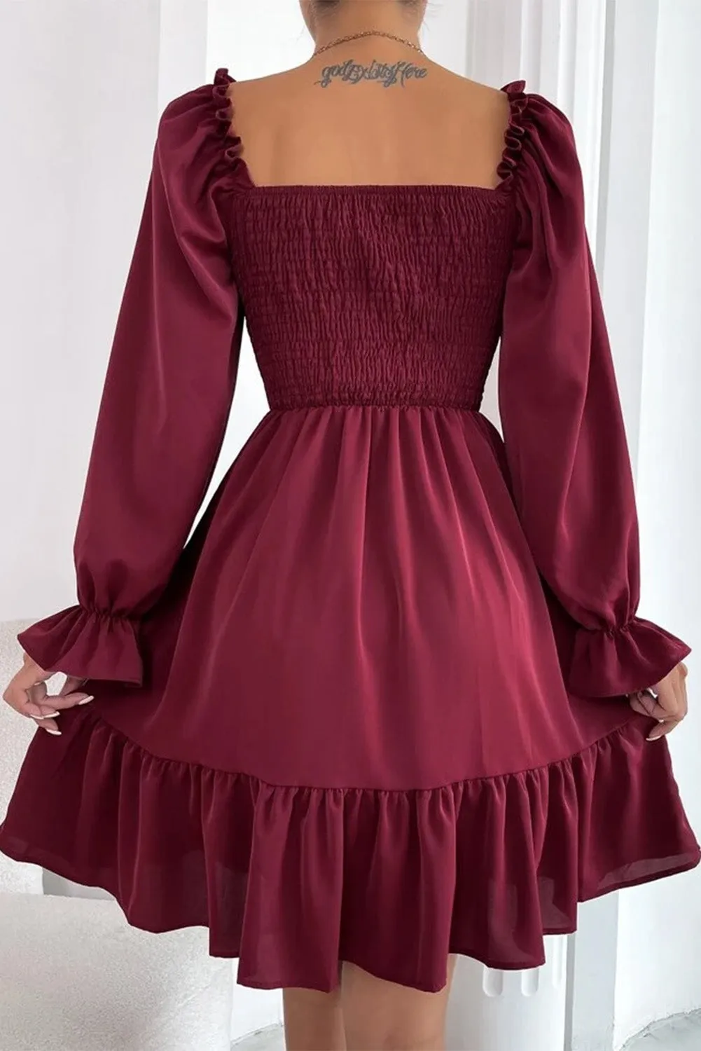 Biking Red Smocked Puff Sleeve Ruffle Mini Dress