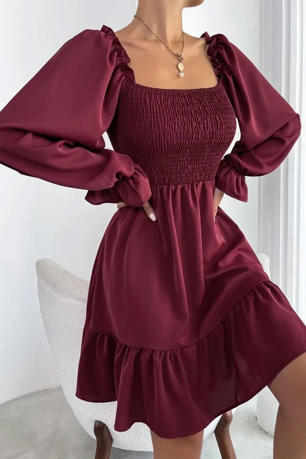 Biking Red Smocked Puff Sleeve Ruffle Mini Dress