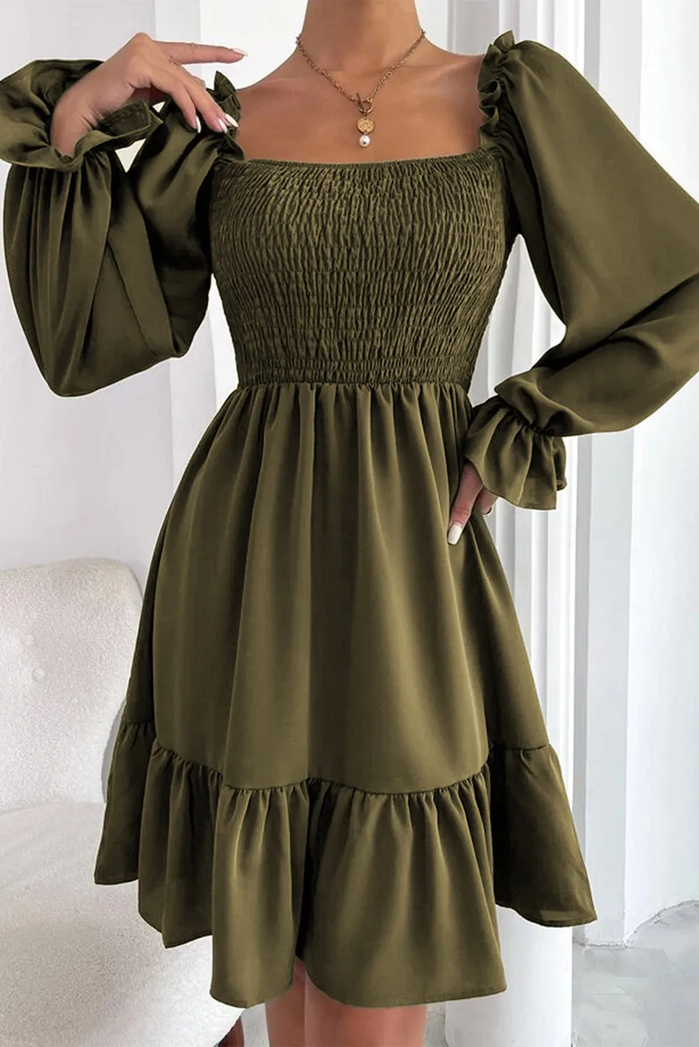 Biking Red Smocked Puff Sleeve Ruffle Mini Dress
