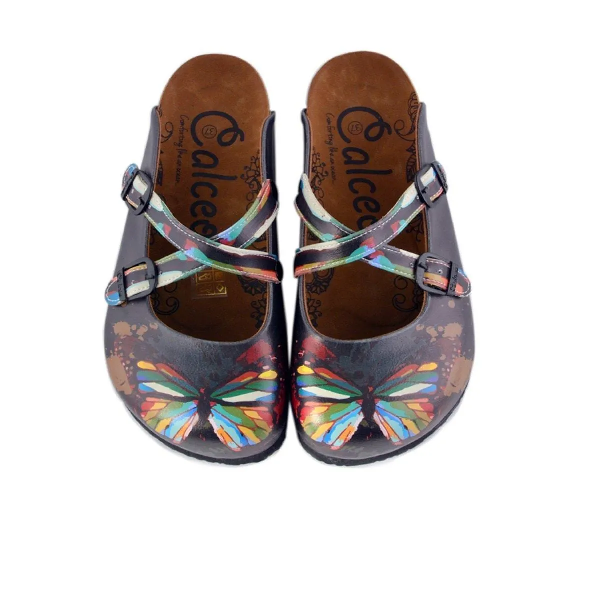 Black and Rainbow Colored, Butterfly Patterned Clogs - WCAL158