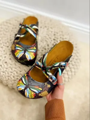 Black and Rainbow Colored, Butterfly Patterned Clogs - WCAL158