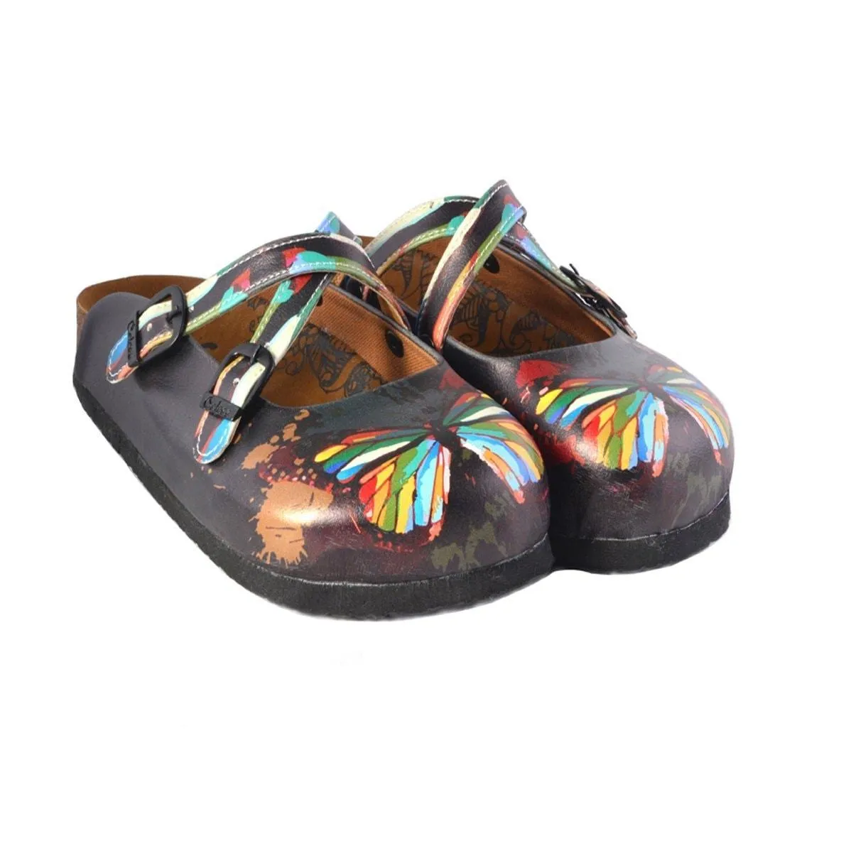 Black and Rainbow Colored, Butterfly Patterned Clogs - WCAL158