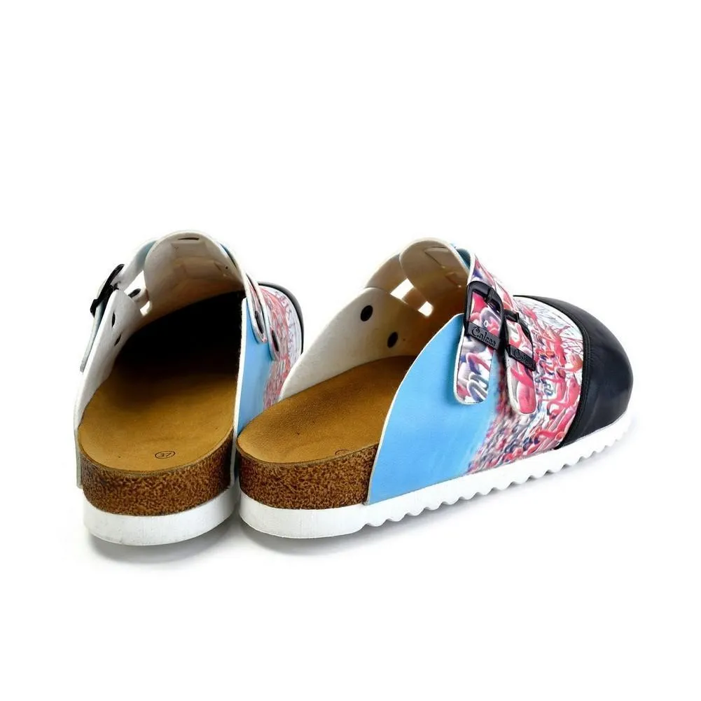 Black and White, Blue Storks Patterned Clogs - CAL1701