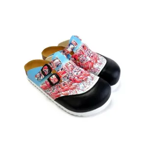 Black and White, Blue Storks Patterned Clogs - CAL1701