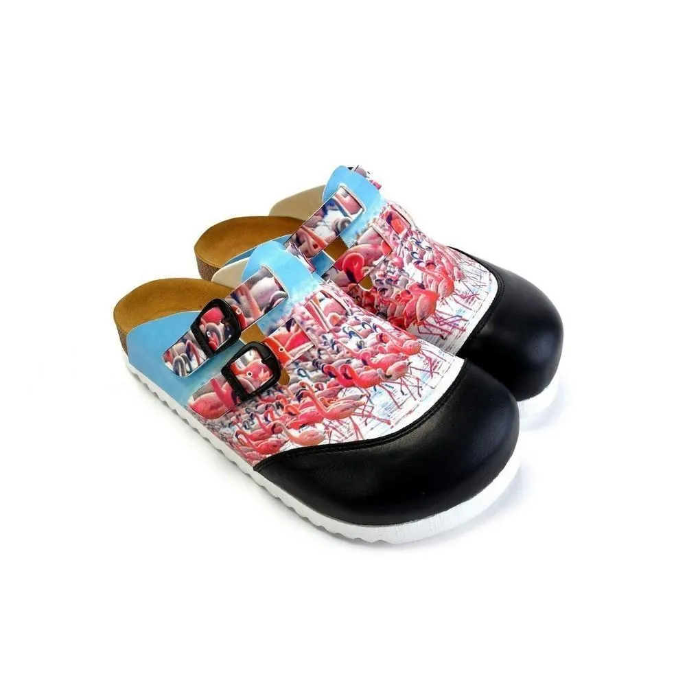 Black and White, Blue Storks Patterned Clogs - CAL1701