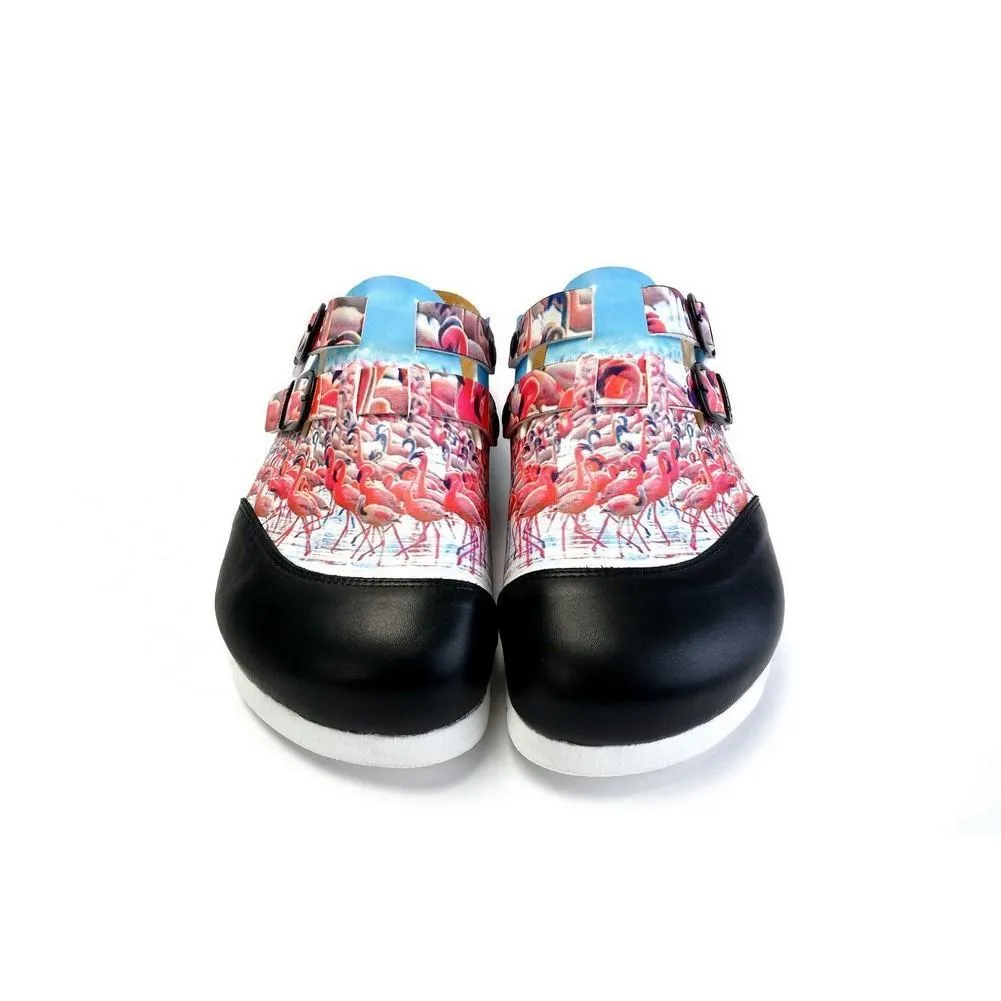 Black and White, Blue Storks Patterned Clogs - CAL1701