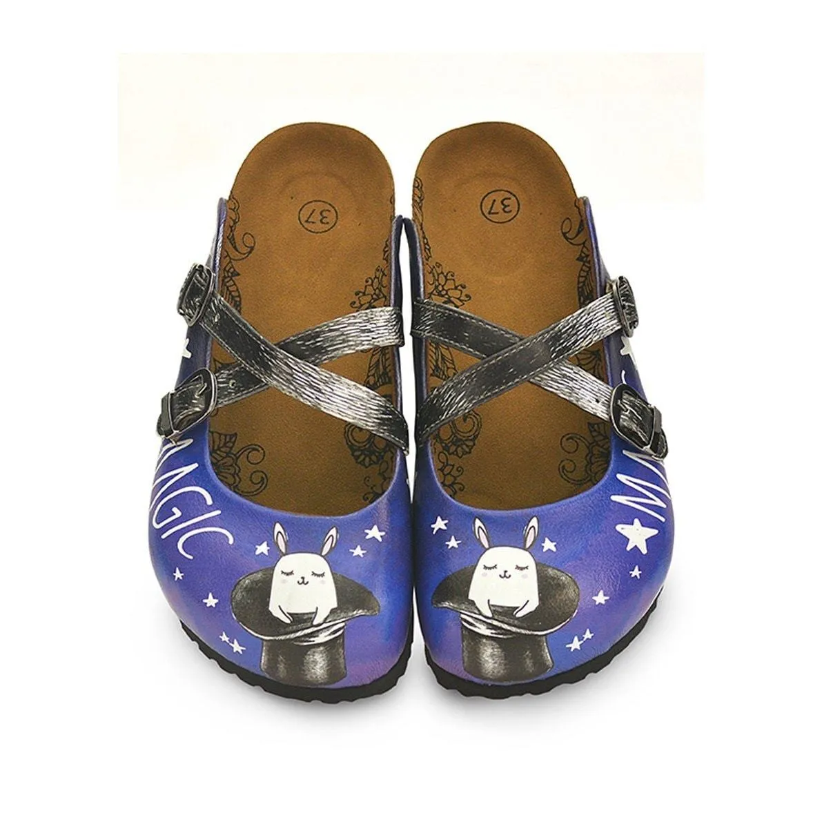 Black and White Striped and Navy Blue, White Stars and Rabbit, Black Hat Patterned Clogs - WCAL127