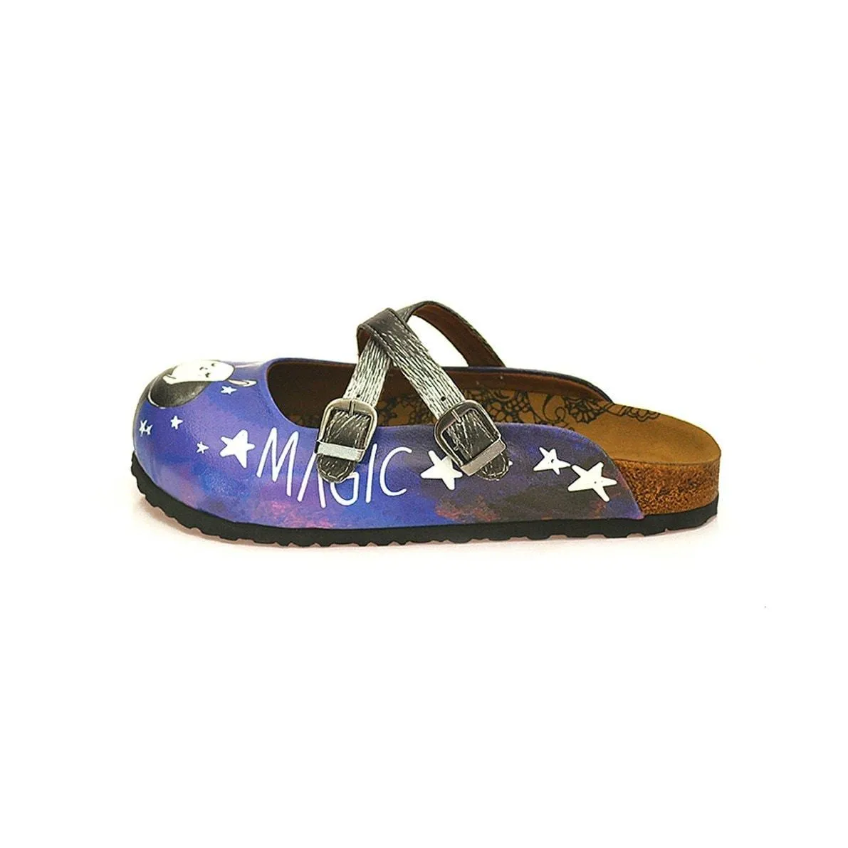 Black and White Striped and Navy Blue, White Stars and Rabbit, Black Hat Patterned Clogs - WCAL127