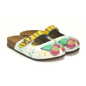 Black and Yellow Striped, Green and Pink Butterflied, Flowers Patterned Clogs - CAL802