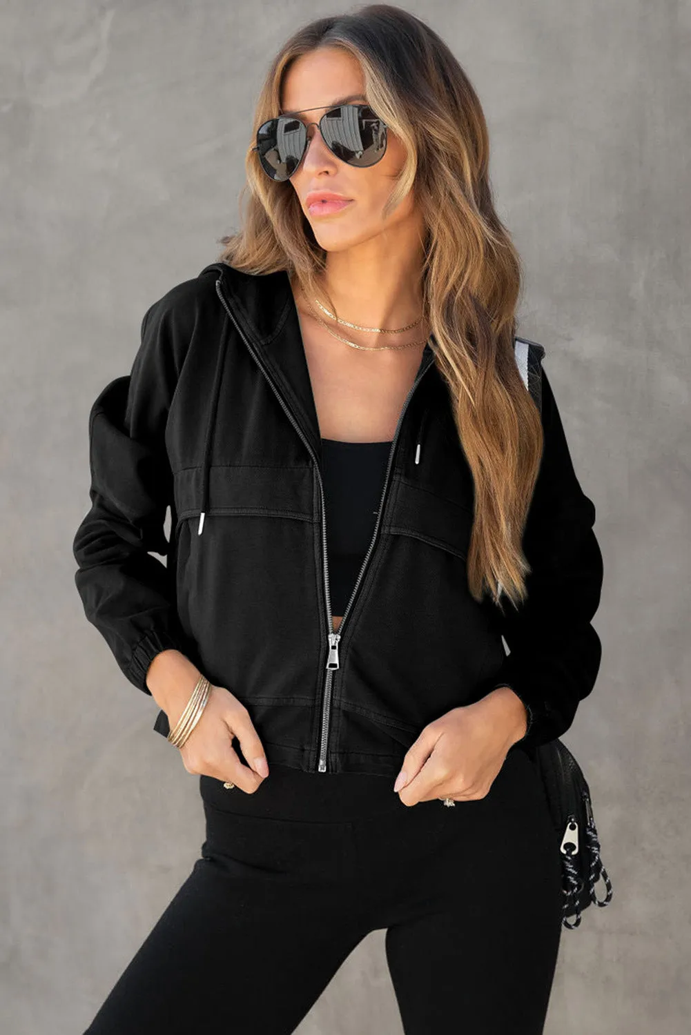 Black Athleisure Pocketed Cotton Zip Up Hoodie