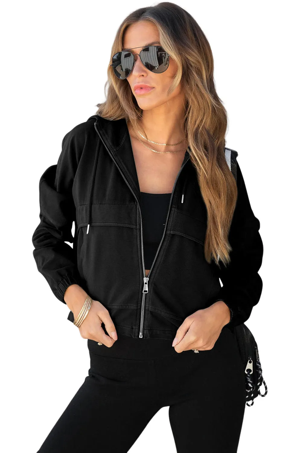 Black Athleisure Pocketed Cotton Zip Up Hoodie