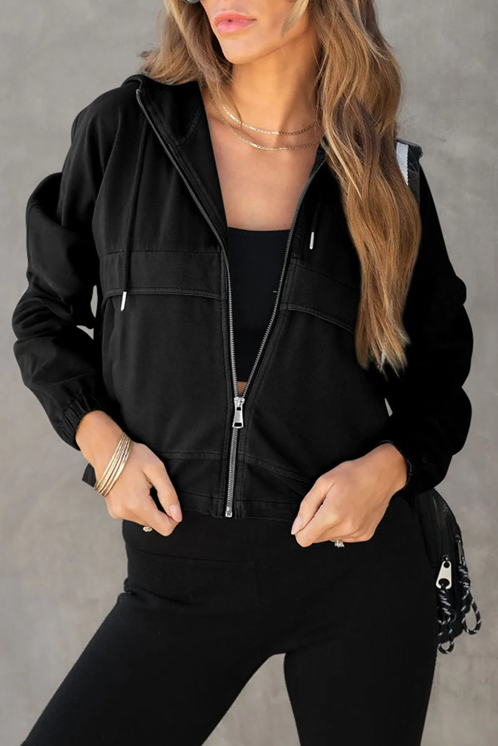 Black Athleisure Pocketed Cotton Zip Up Hoodie