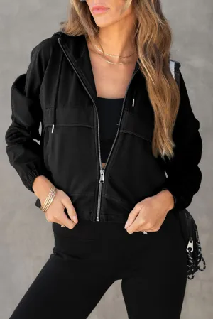 Black Athleisure Pocketed Cotton Zip Up Hoodie