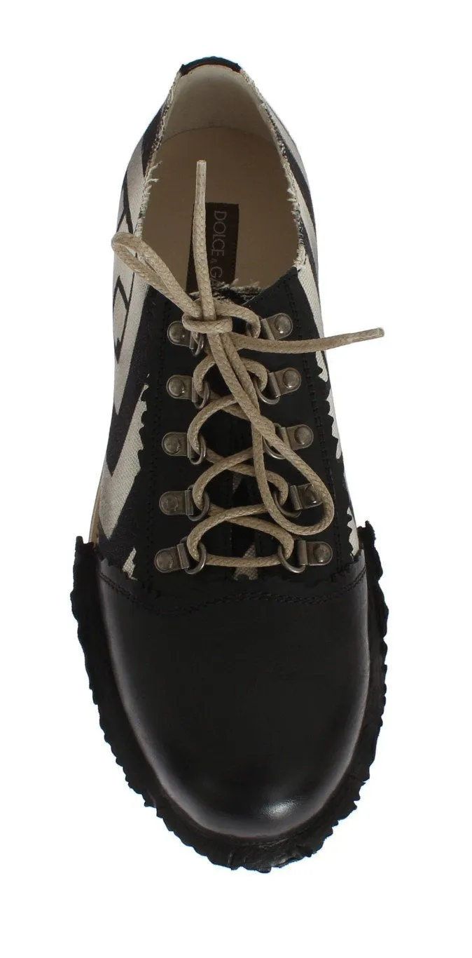 Black Beige Leather Linen Derby Shoes