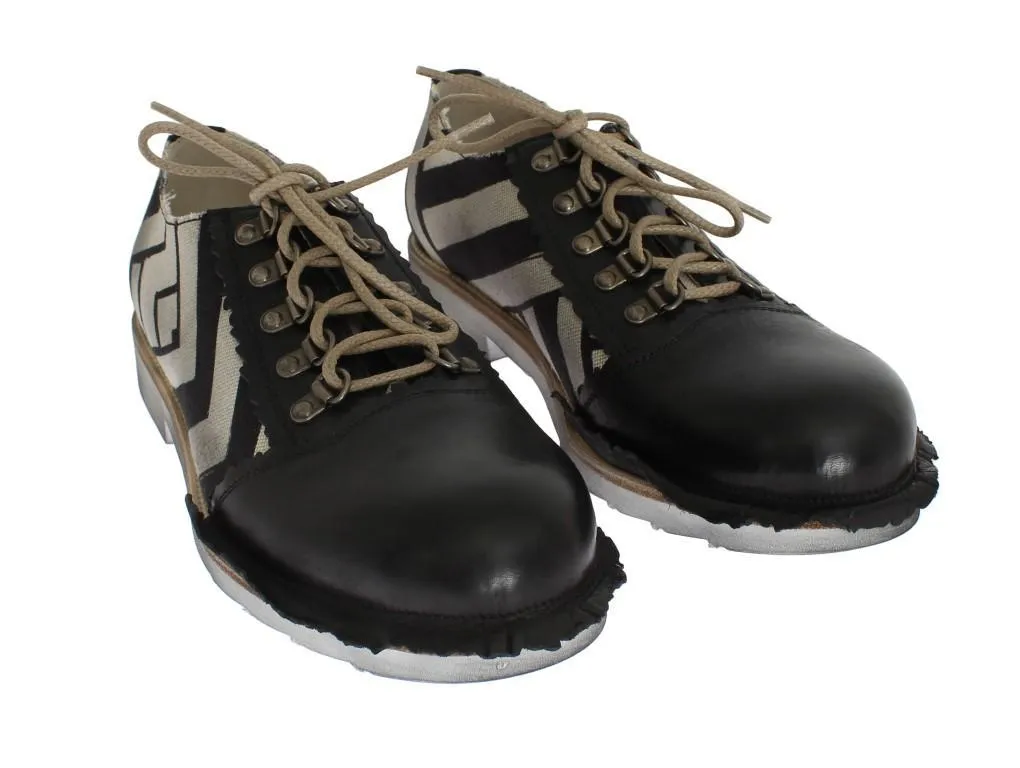 Black Beige Leather Linen Derby Shoes