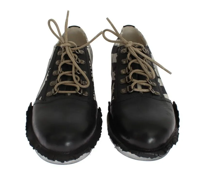 Black Beige Leather Linen Derby Shoes
