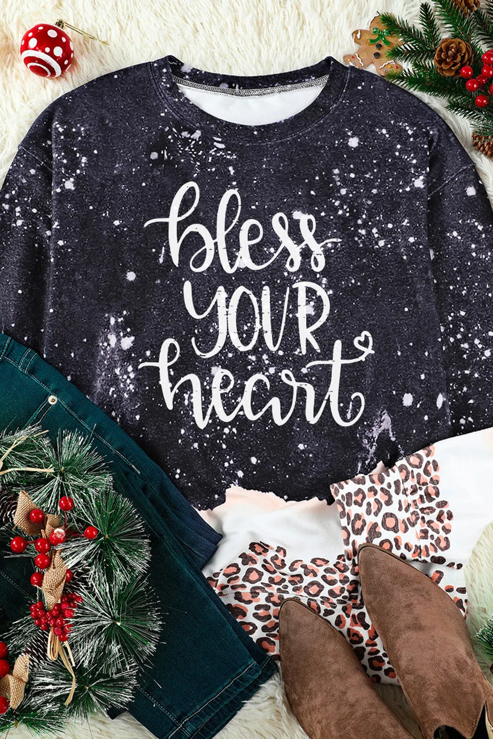 Black Bless Your Heart Leopard Bleached Sweatshirt
