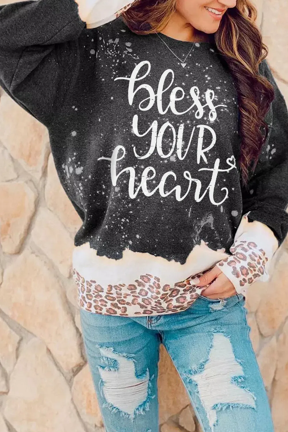Black Bless Your Heart Leopard Bleached Sweatshirt