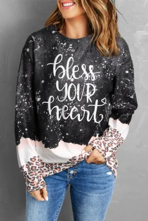 Black Bless Your Heart Leopard Bleached Sweatshirt