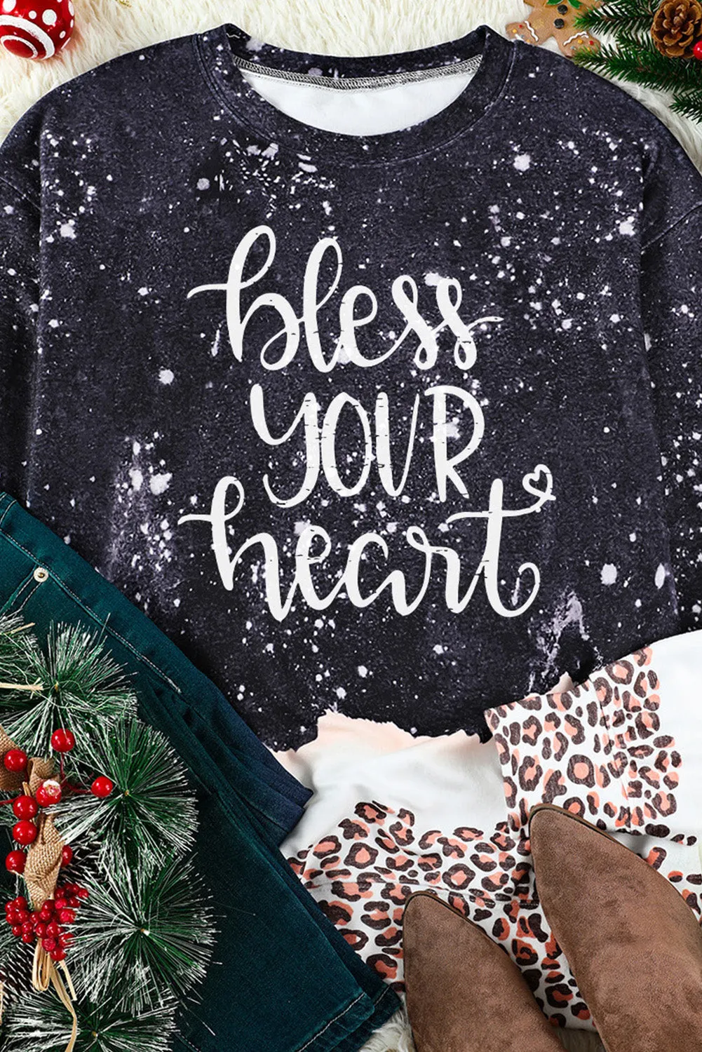 Black Bless Your Heart Leopard Bleached Sweatshirt