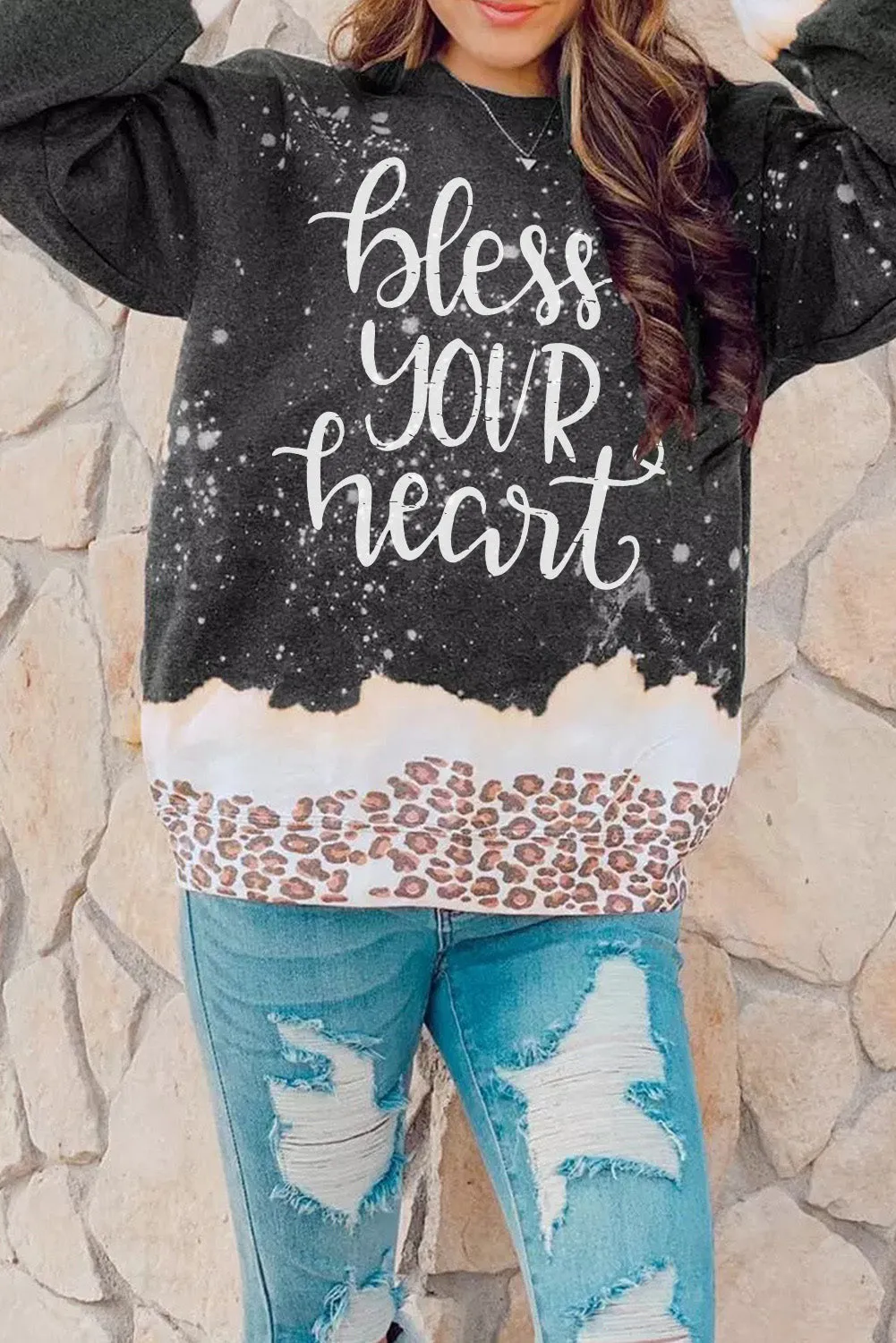 Black Bless Your Heart Leopard Bleached Sweatshirt