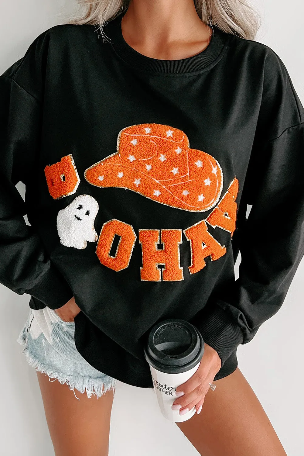 Black Cowboy Hat & Letters Graphic Sweatshirt