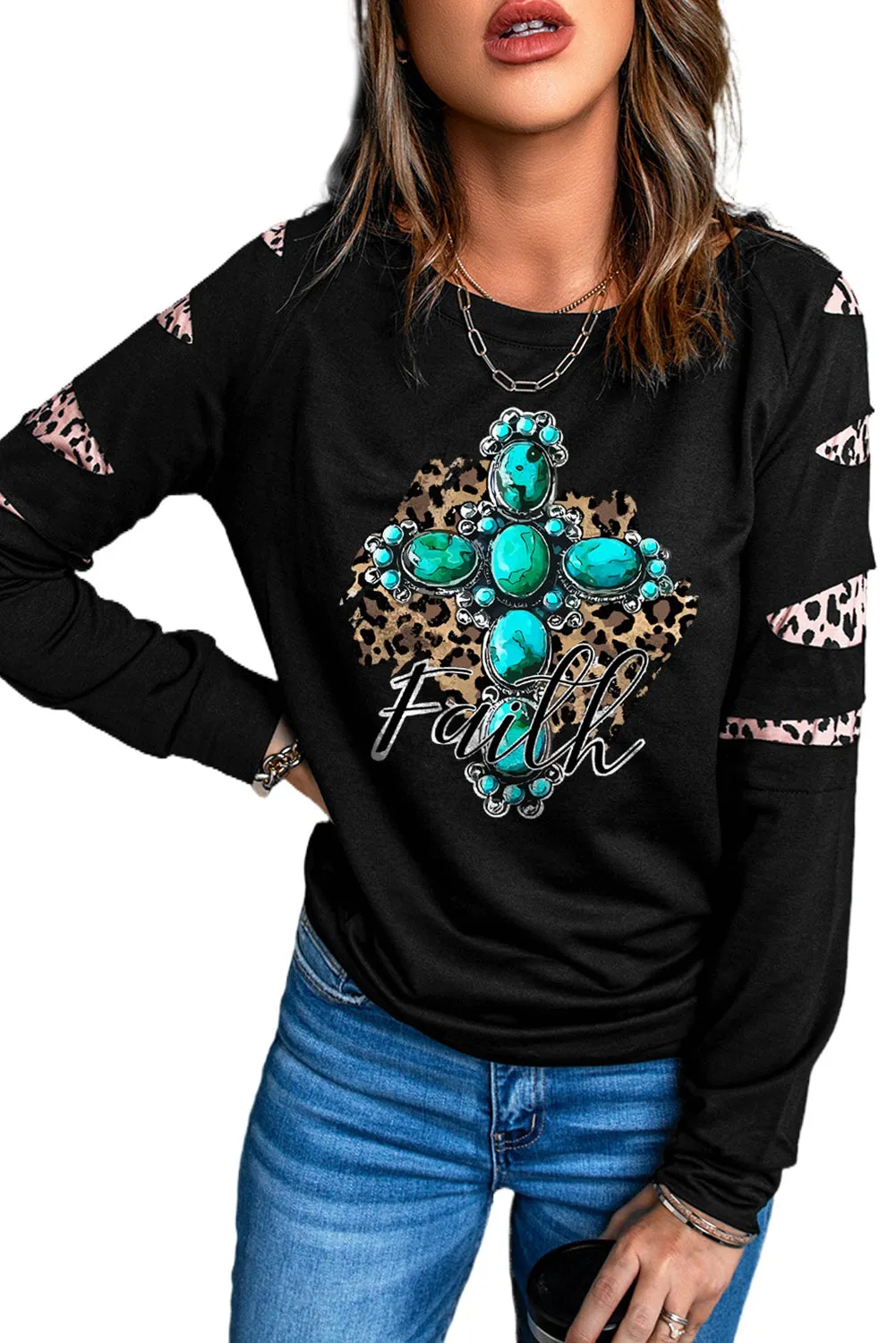 Black Faith Turquoise Graphic Leopard Cutout Sleeve Sweatshirt