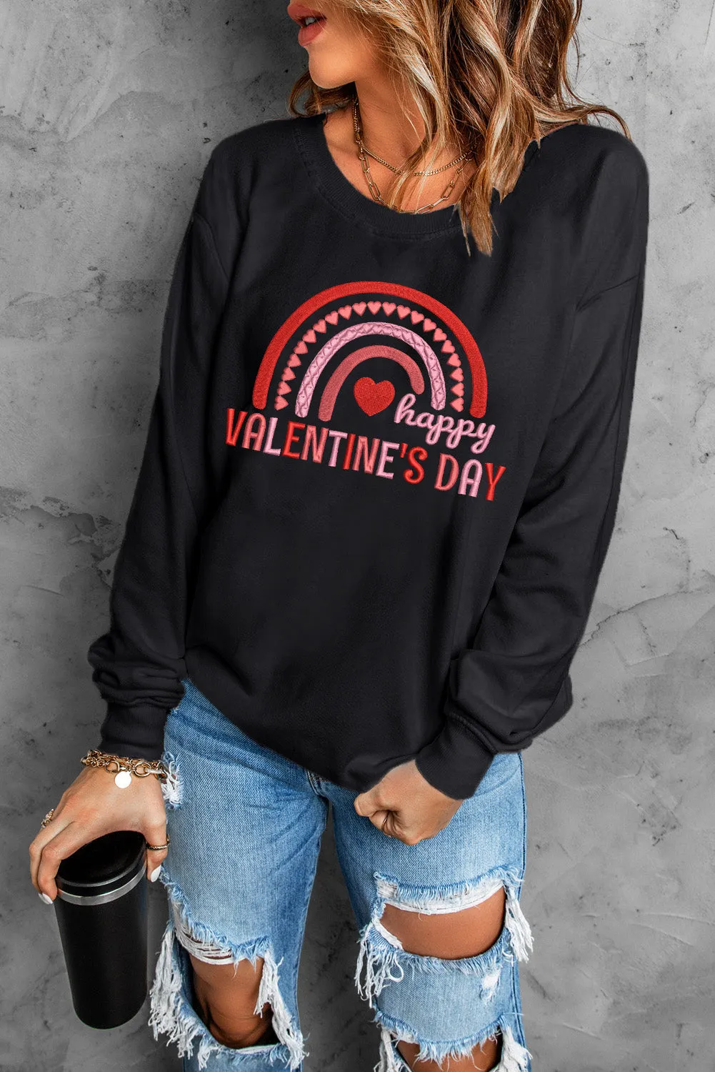 Black Happy Valentine's Day Graphic Embroidered Sweatshirt