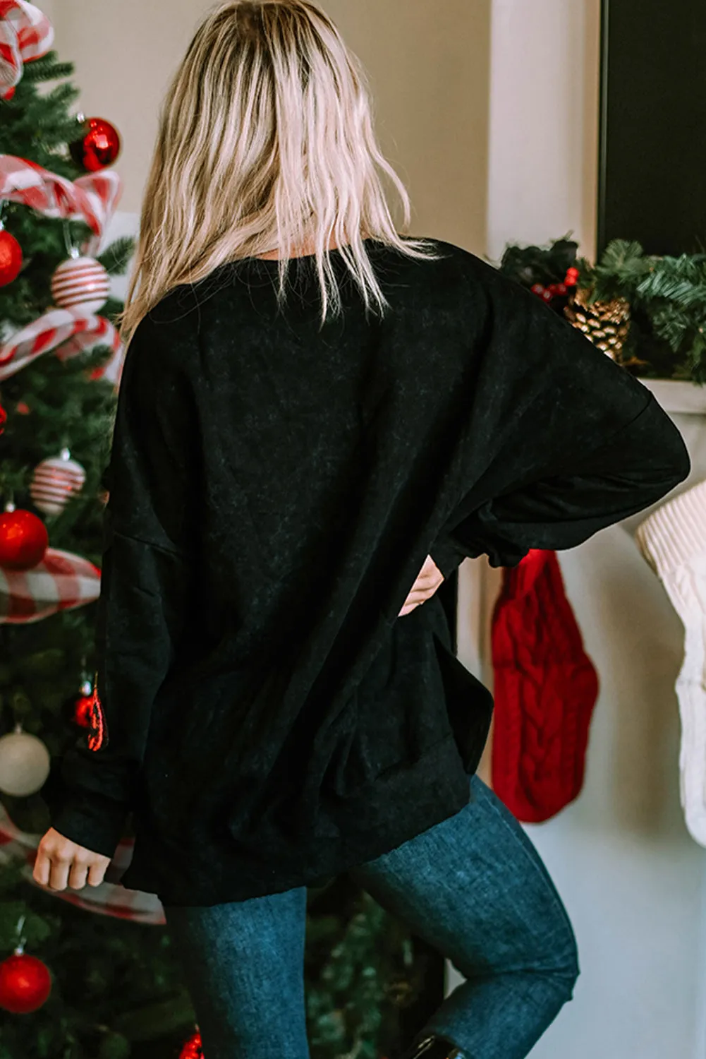 Black Sequined Jack O Lantern Split Hem Baggy Sweatshirt