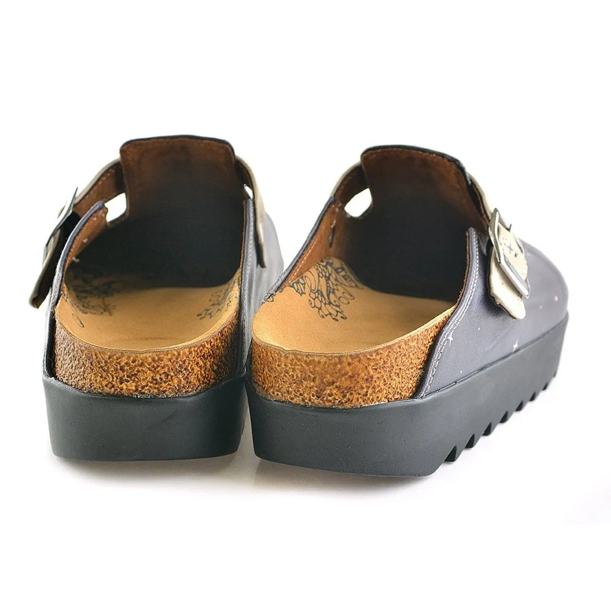 Black Spaced, Cream Star Bright and Black Moon, Astronaut Patterned Clogs - CAL704