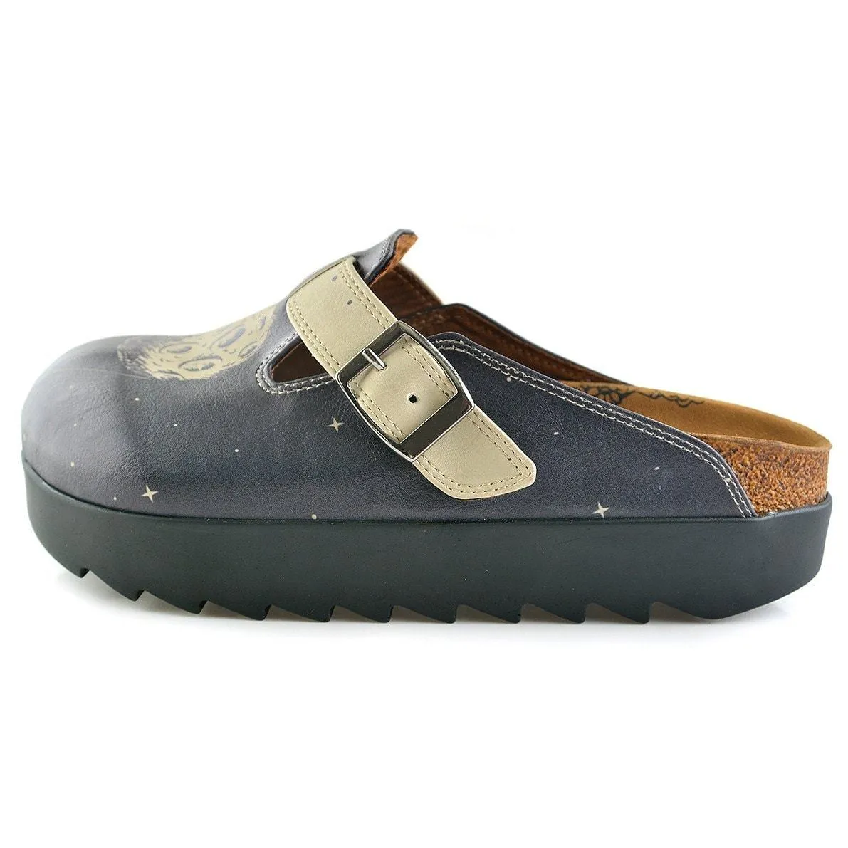 Black Spaced, Cream Star Bright and Black Moon, Astronaut Patterned Clogs - CAL704