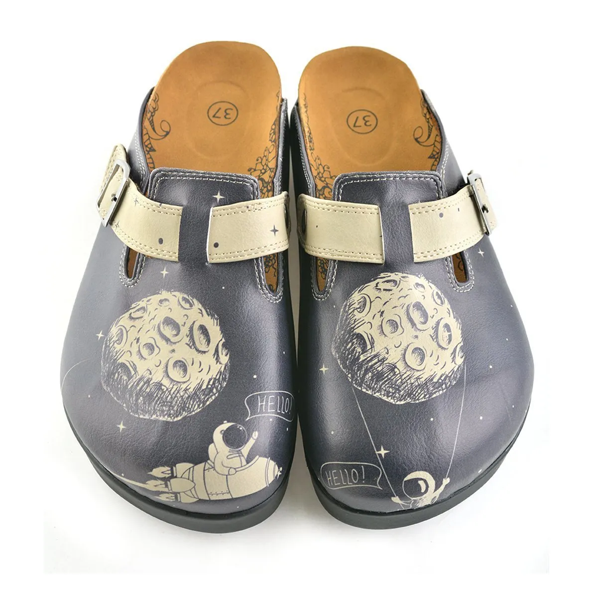 Black Spaced, Cream Star Bright and Black Moon, Astronaut Patterned Clogs - CAL704