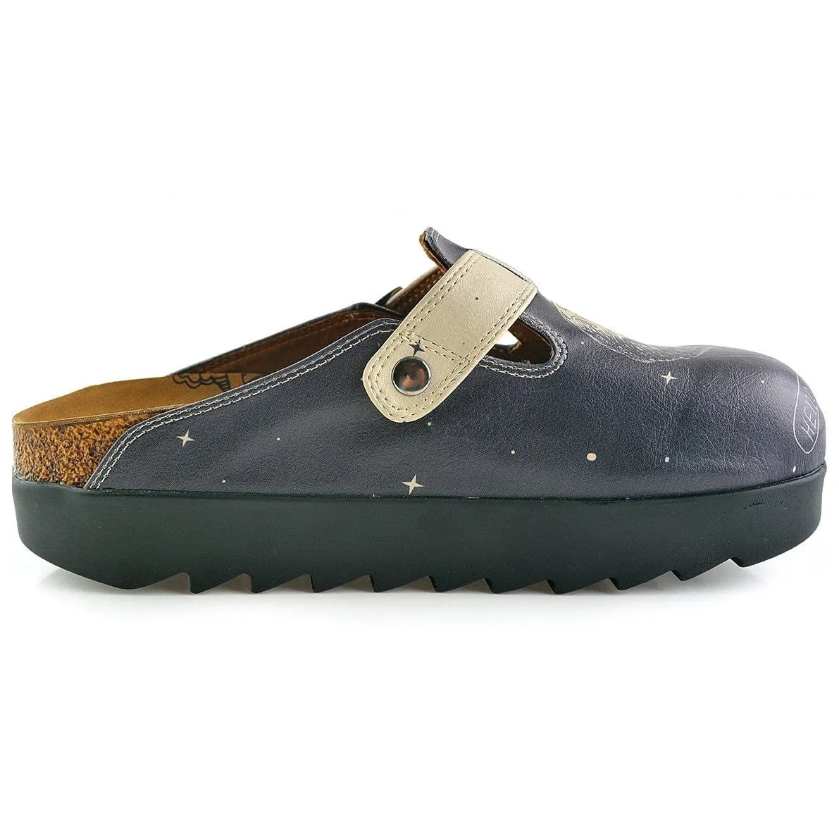 Black Spaced, Cream Star Bright and Black Moon, Astronaut Patterned Clogs - CAL704