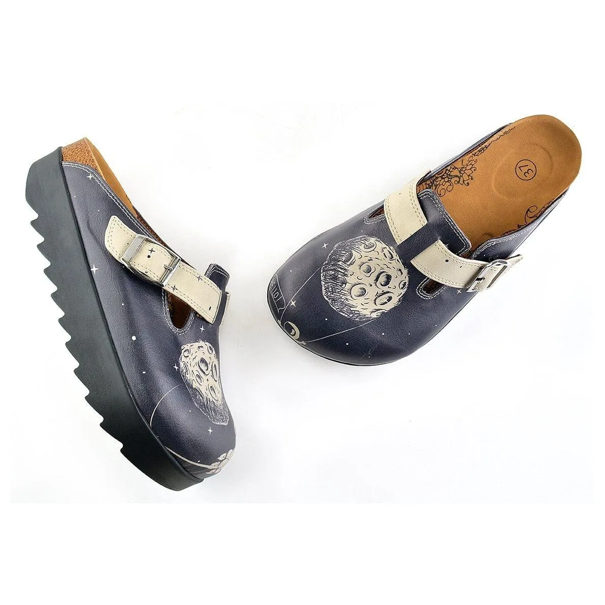 Black Spaced, Cream Star Bright and Black Moon, Astronaut Patterned Clogs - CAL704