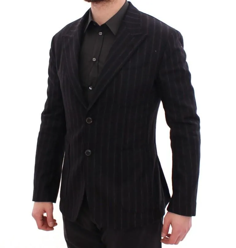 Black striped wool slim fit blazer