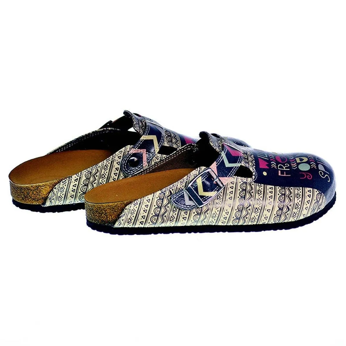 Black, White, Purple, Pink Triangle Strip and Black Shaped, Wild Free Young Spirit Written Patterned Clogs - CAL319