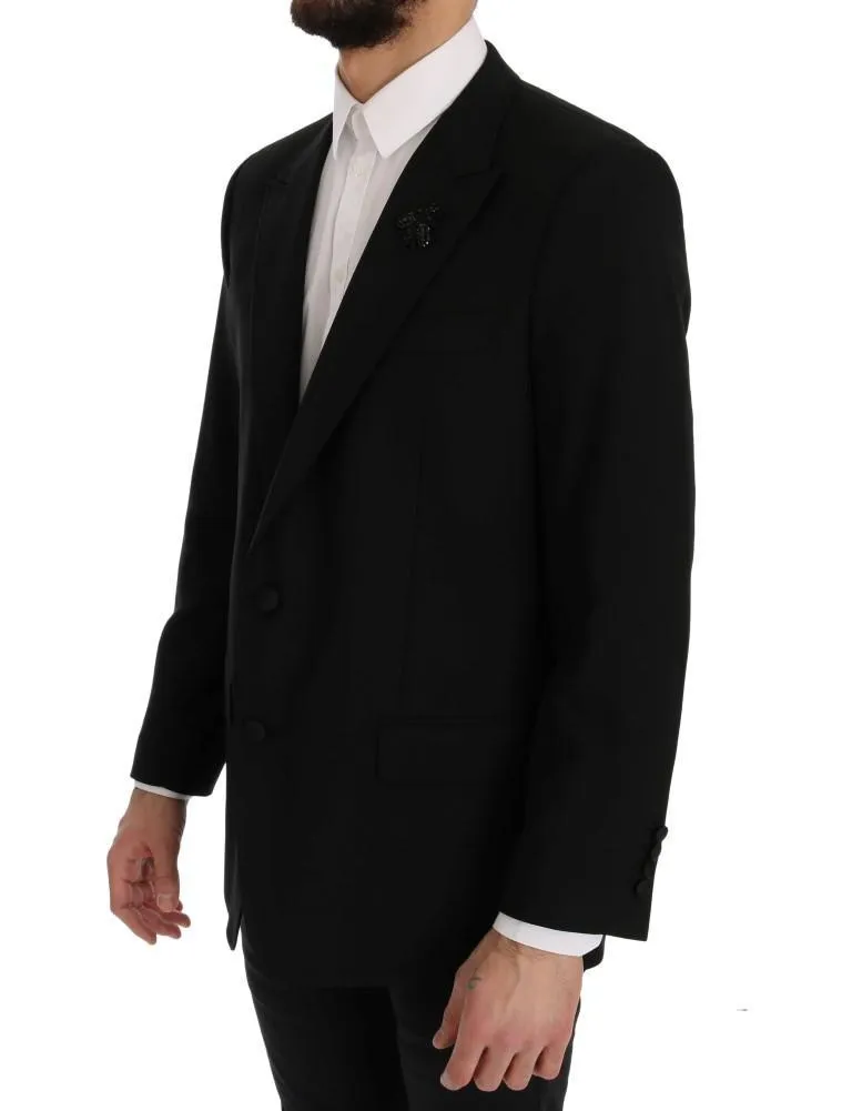 Black Wool Stretch Crystal Bee Blazer Jacket